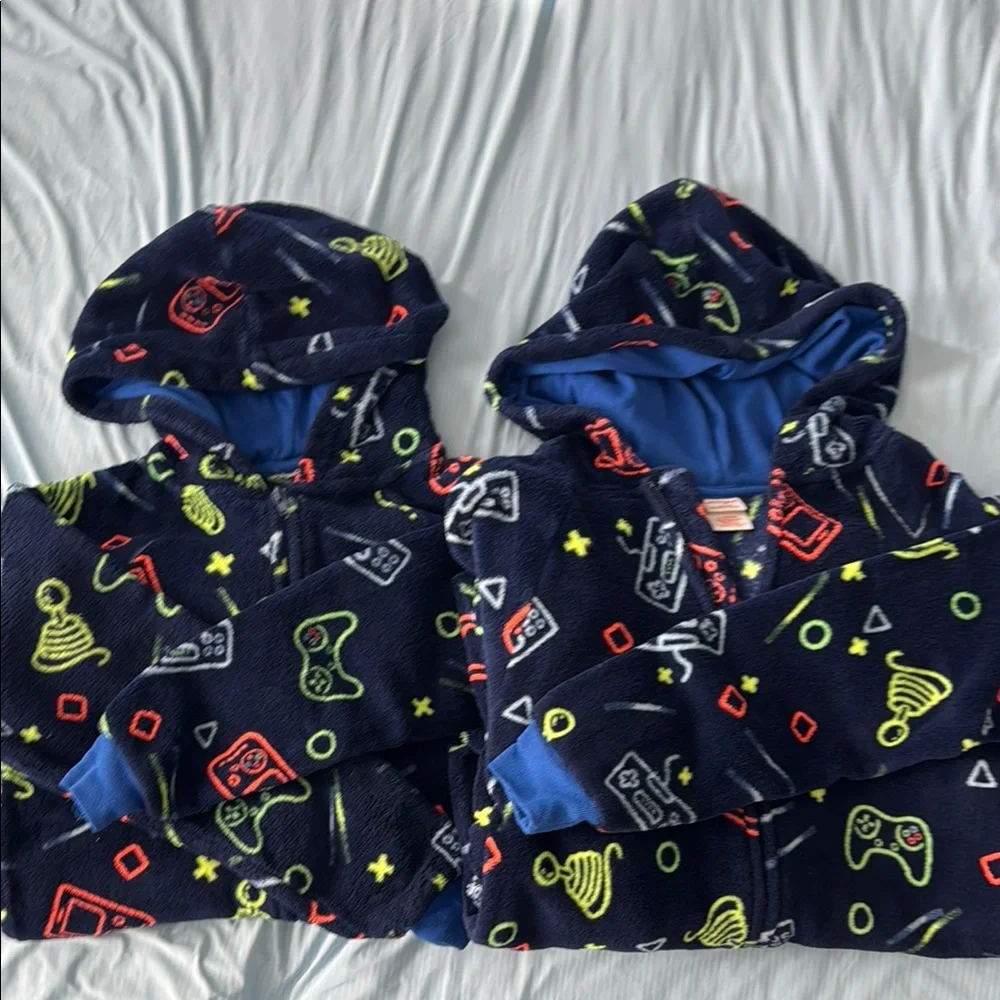 Super warm!!! Kids Navy Blue Gaming Print One Piece fleece pajamas